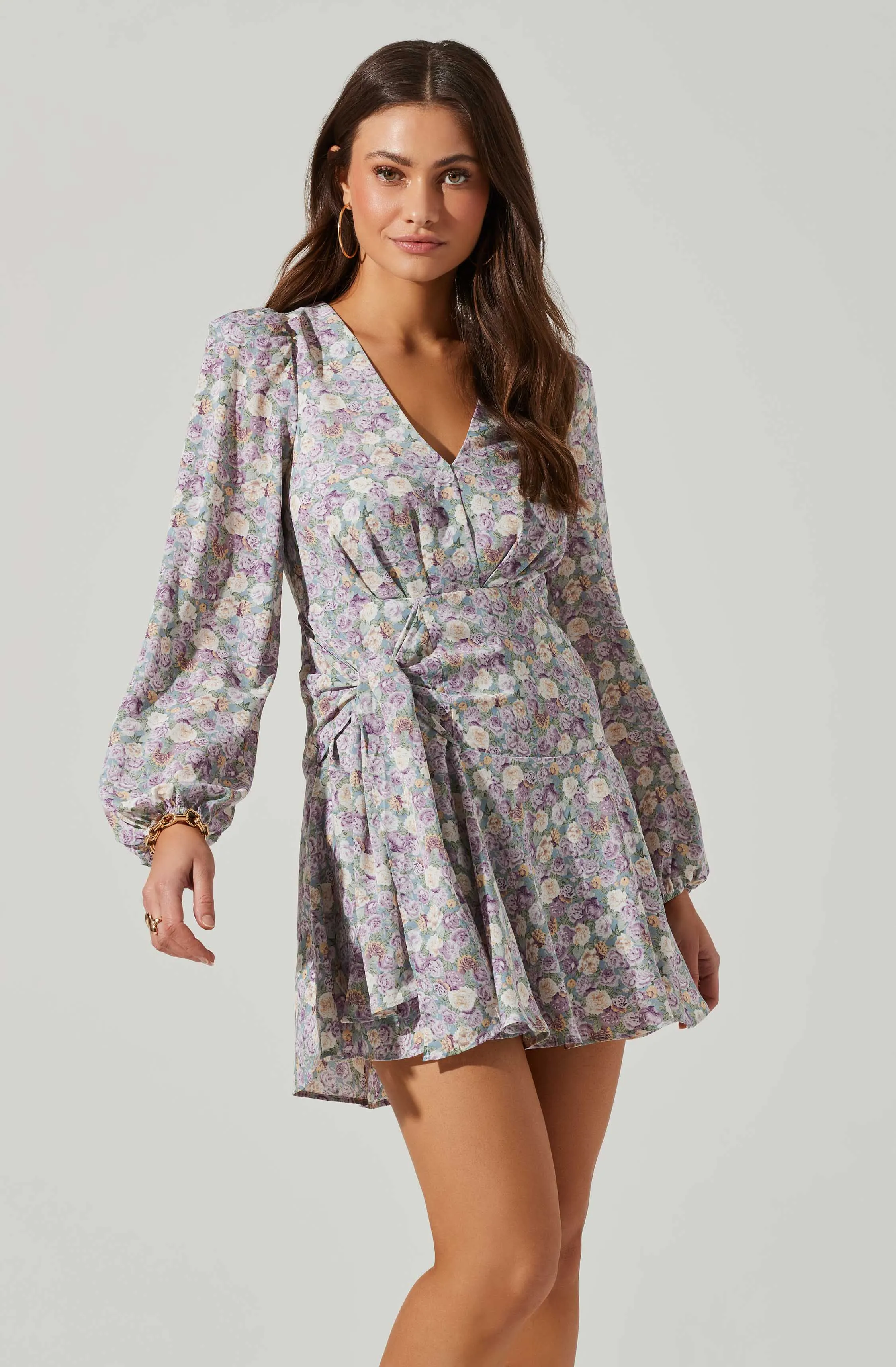 Floral Long Sleeve Side Tie V Neck Mini Dress sold by Astr product image thumbnail 2