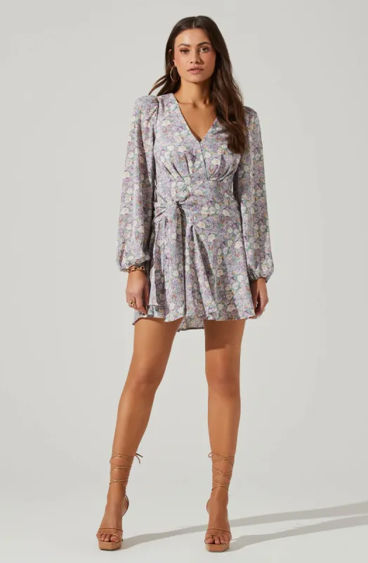 Floral Long Sleeve Side Tie V Neck Mini Dress sold by Astr