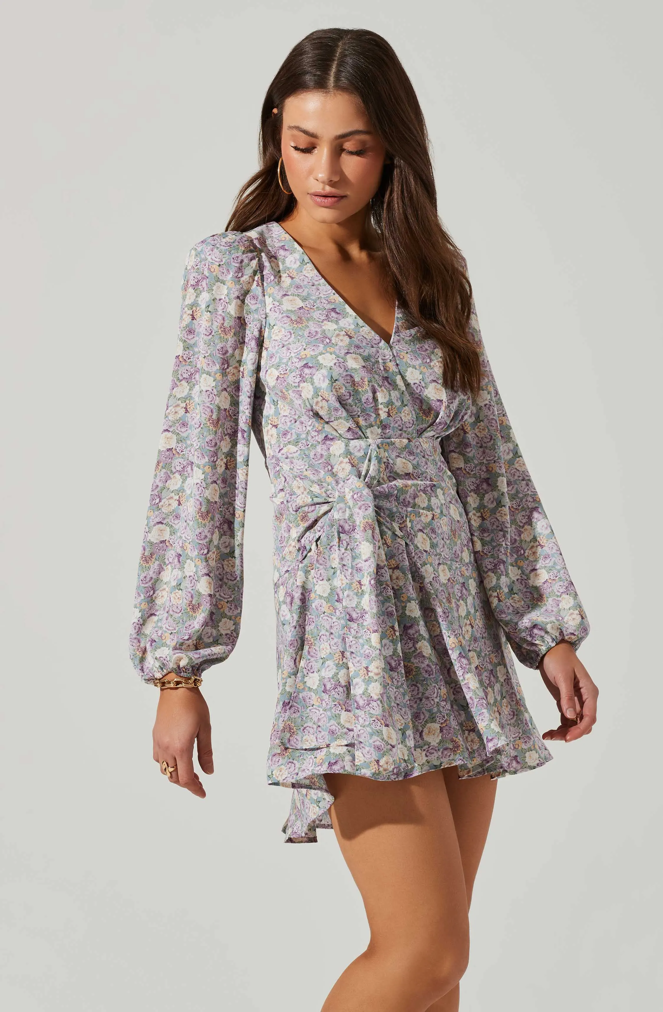 Floral Long Sleeve Side Tie V Neck Mini Dress sold by Astr product image thumbnail 4