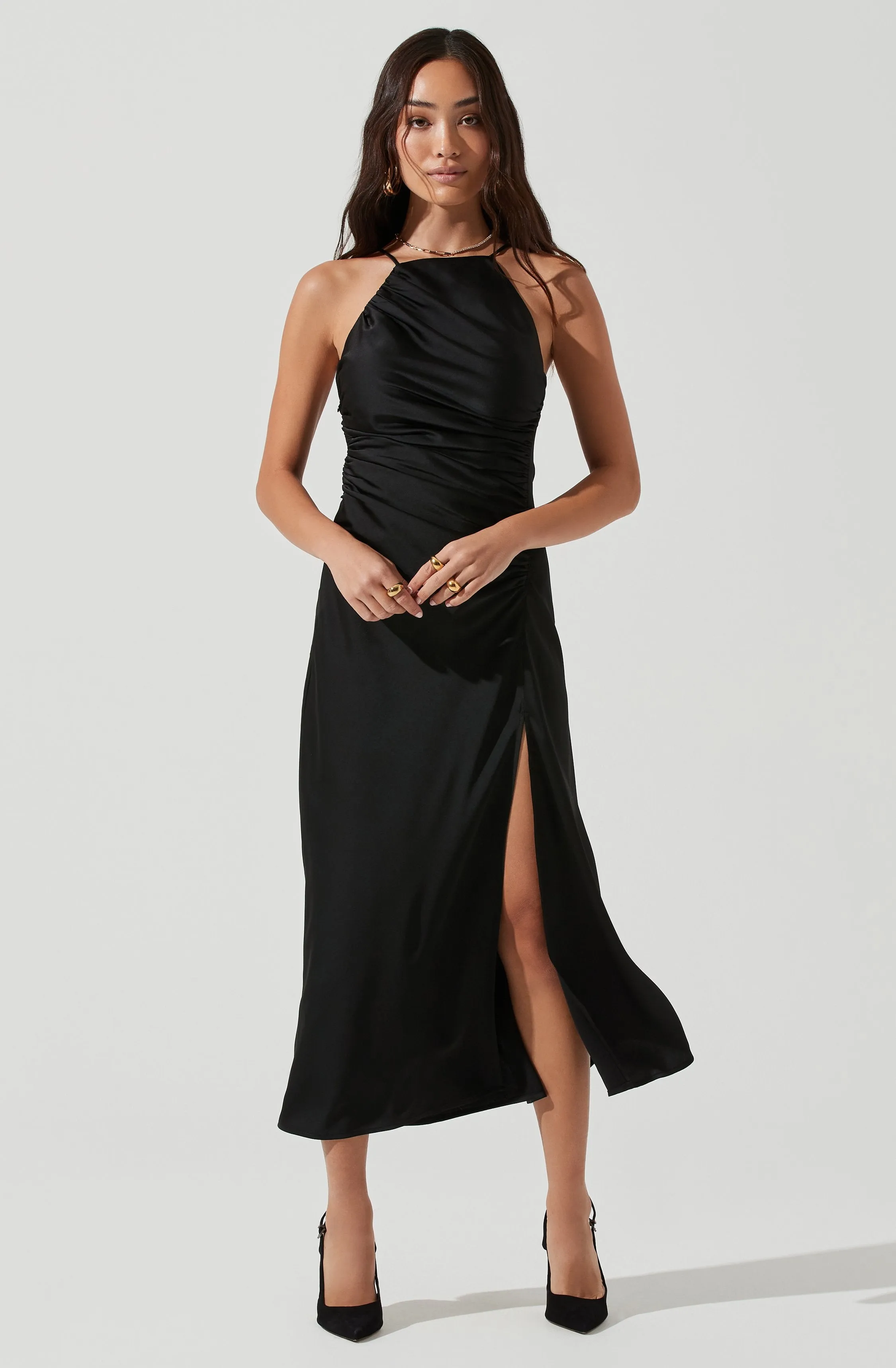 Front Slit Halter Satin Midi Dress sold by Astr