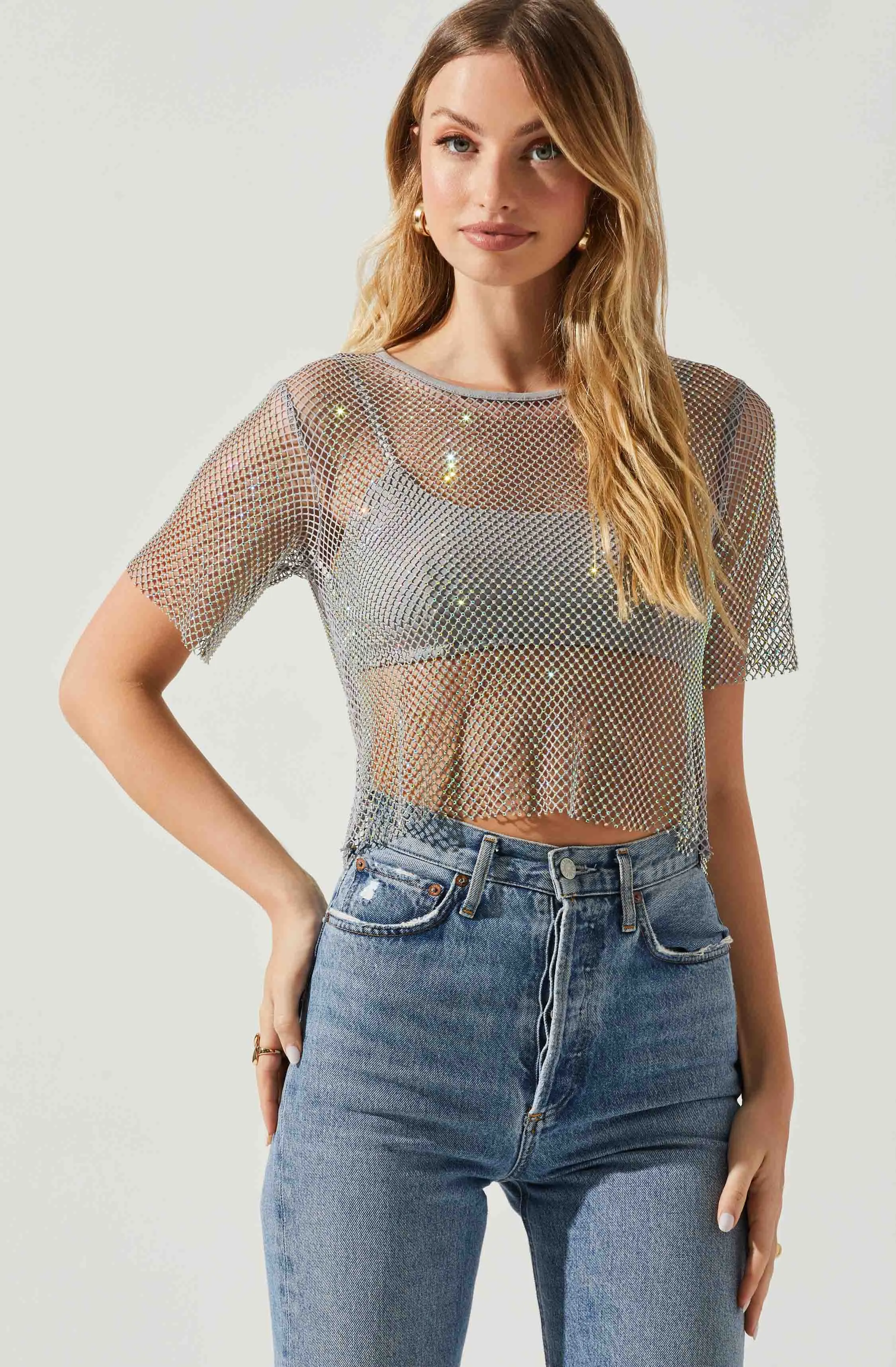 Mckay Rhinestone Mesh Short Sleeve Top sold by Astr