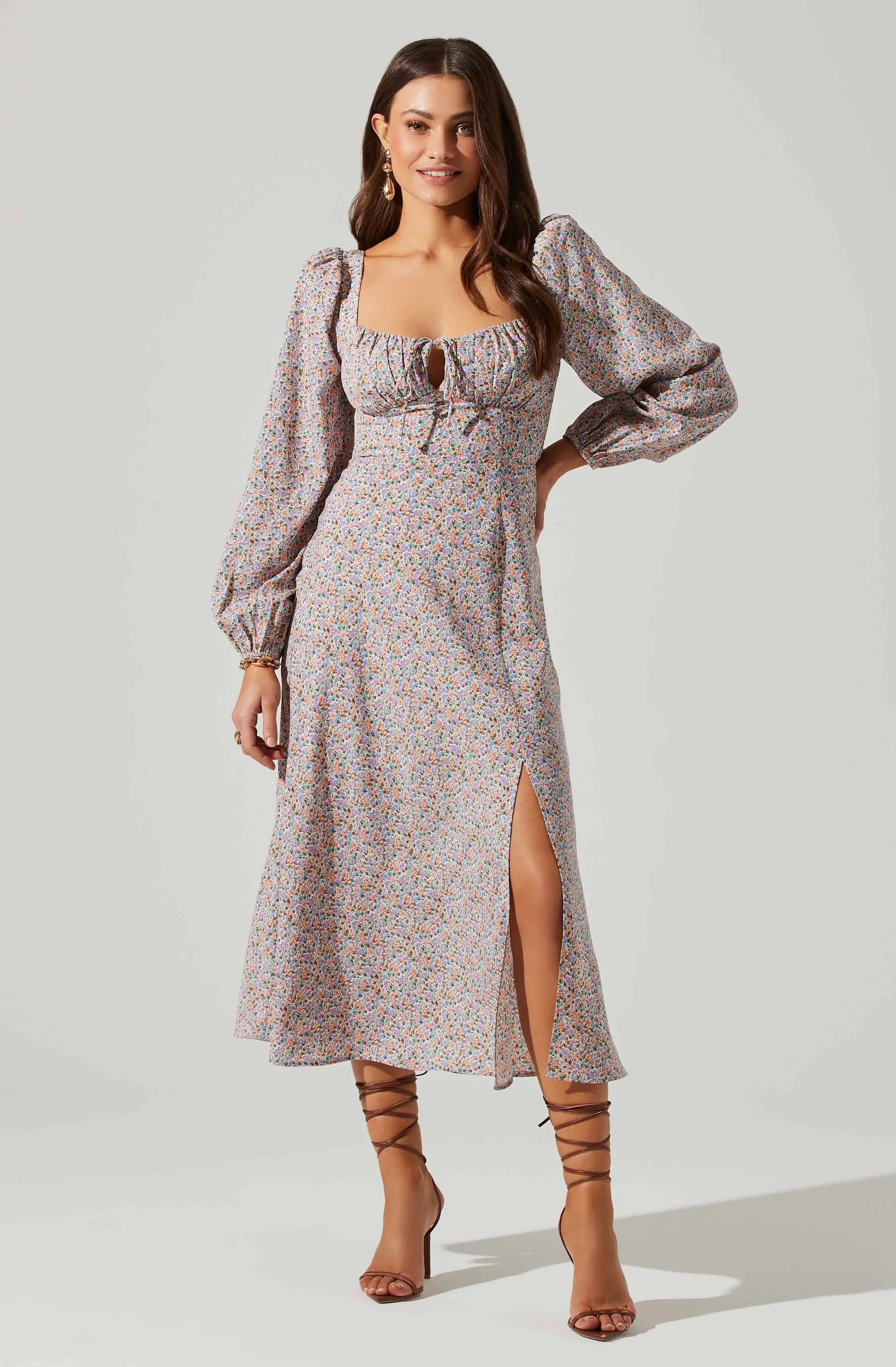 Floral Long Sleeve Back Cut Out Midi Dress sold by Astr