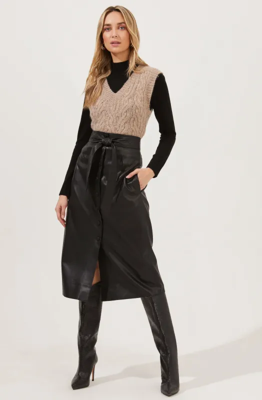 Lorette Tie Waist Faux Leather Midi Skirt sold by Astr