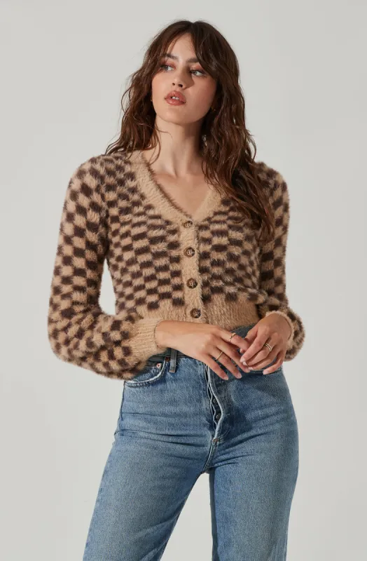 Check Fuzzy Knit Cropped Cardigan sold by Astr