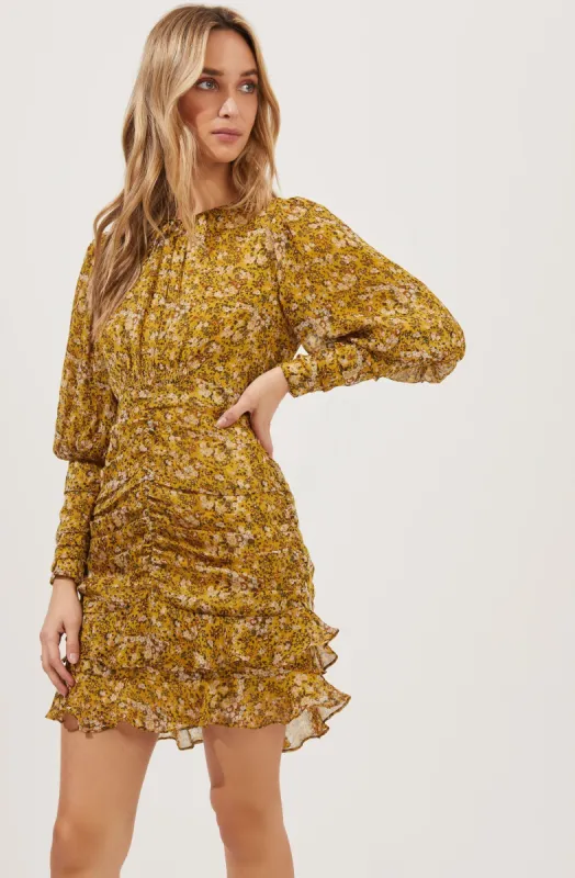 Claremore Floral Ruched Long Sleeve Mini Dress sold by Astr