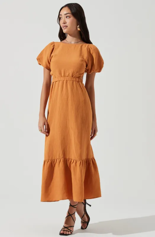 Jelena Back Cutout Puff Sleeve Midi Dress sold by Astr