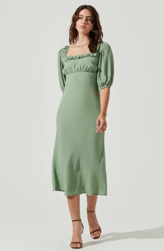 Ruffle Square-Neck Midi Dress sold by Astr