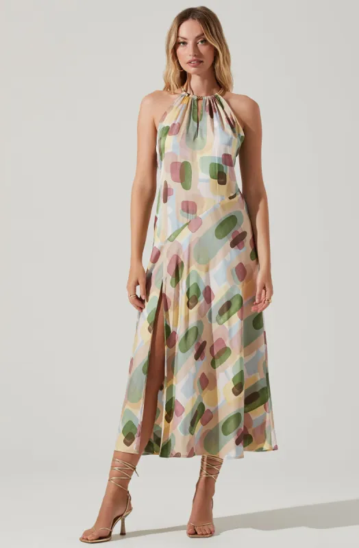 Kazia Geo Print Halter Chain Strap Midi Dress sold by Astr