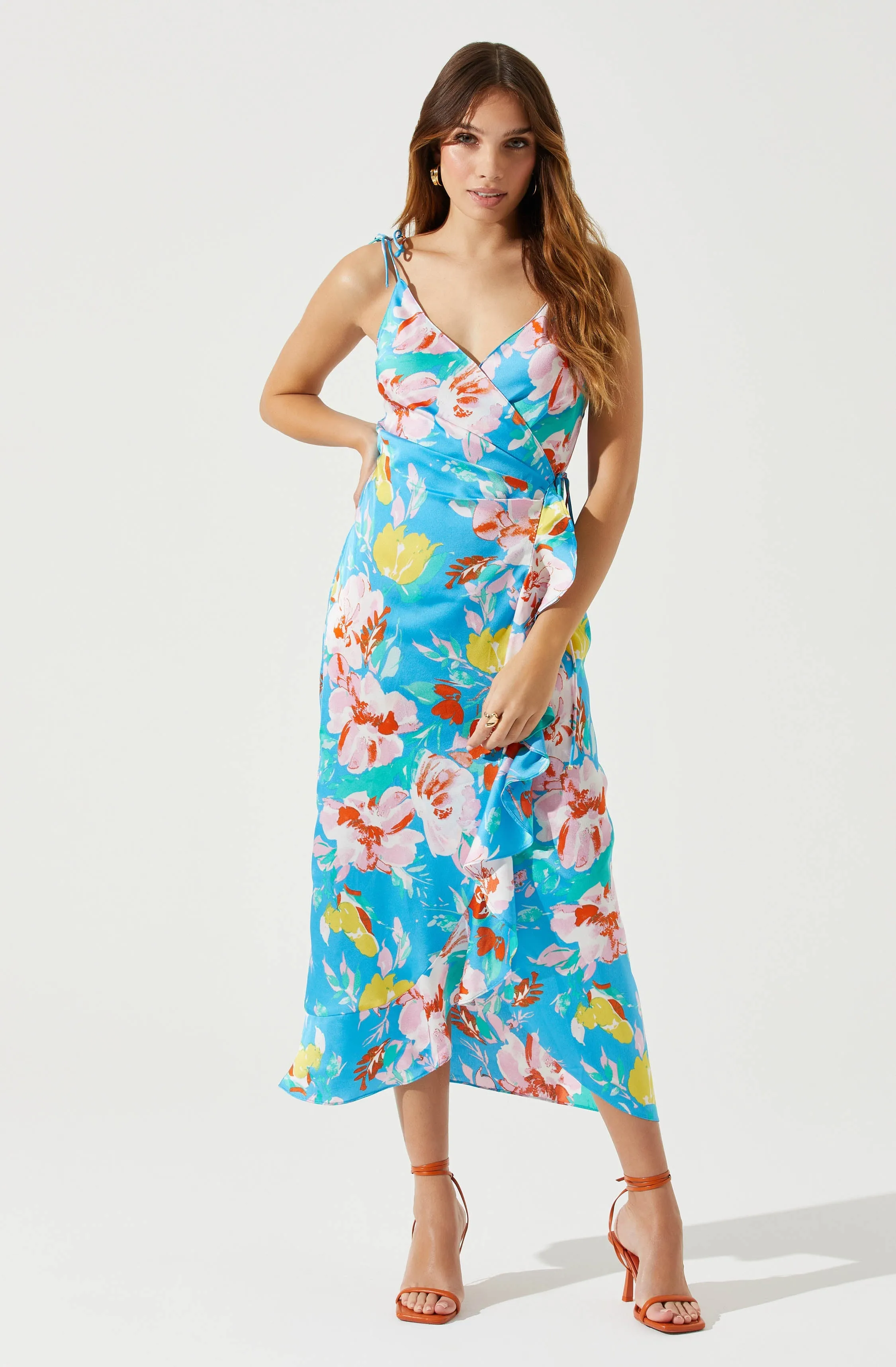 Satin Front Tie Wrap Floral Midi Dress sold by Astr