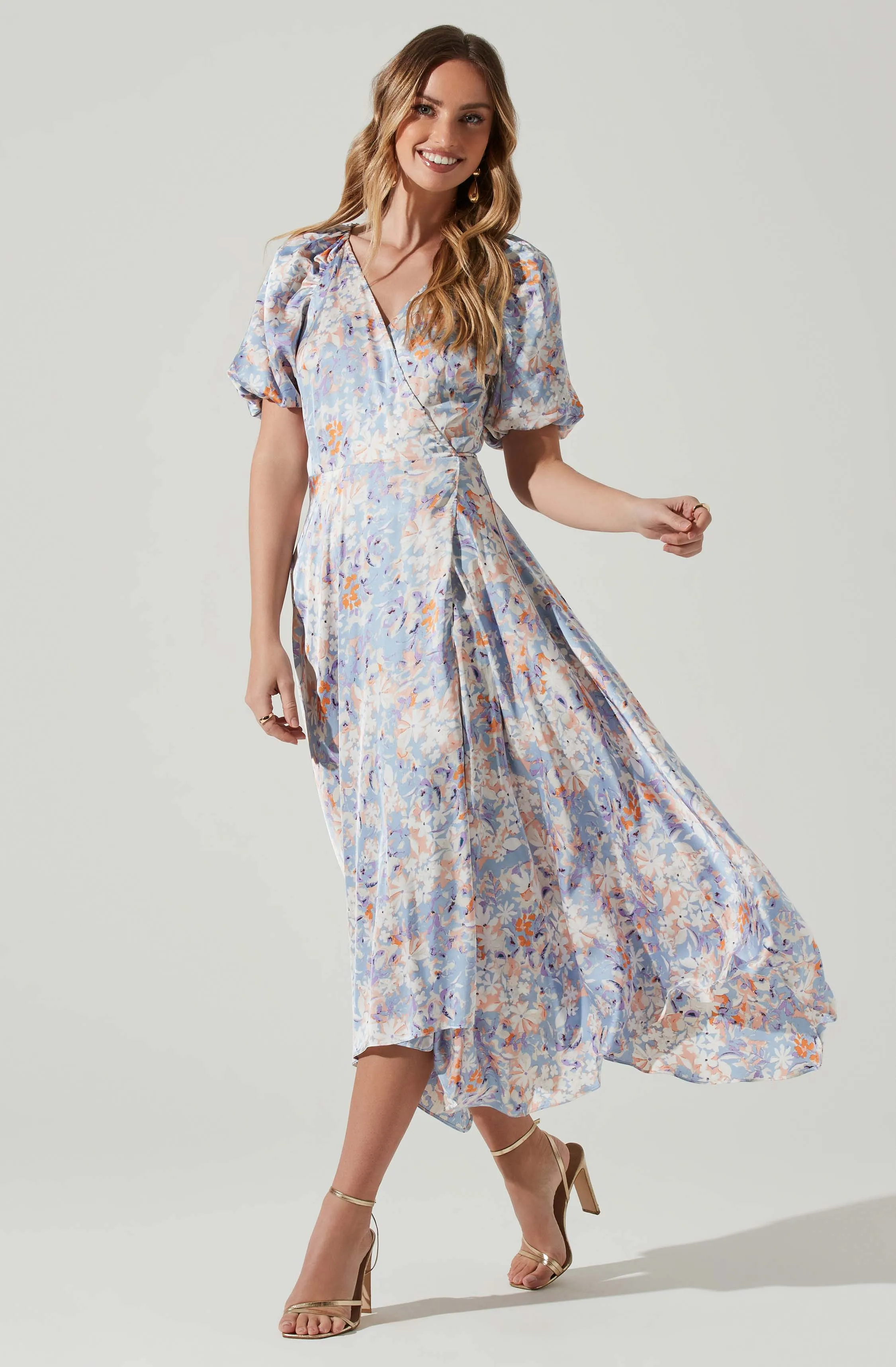 Satin Floral Bubble Sleeve Wrap Midi Dress sold by Astr product image thumbnail 3
