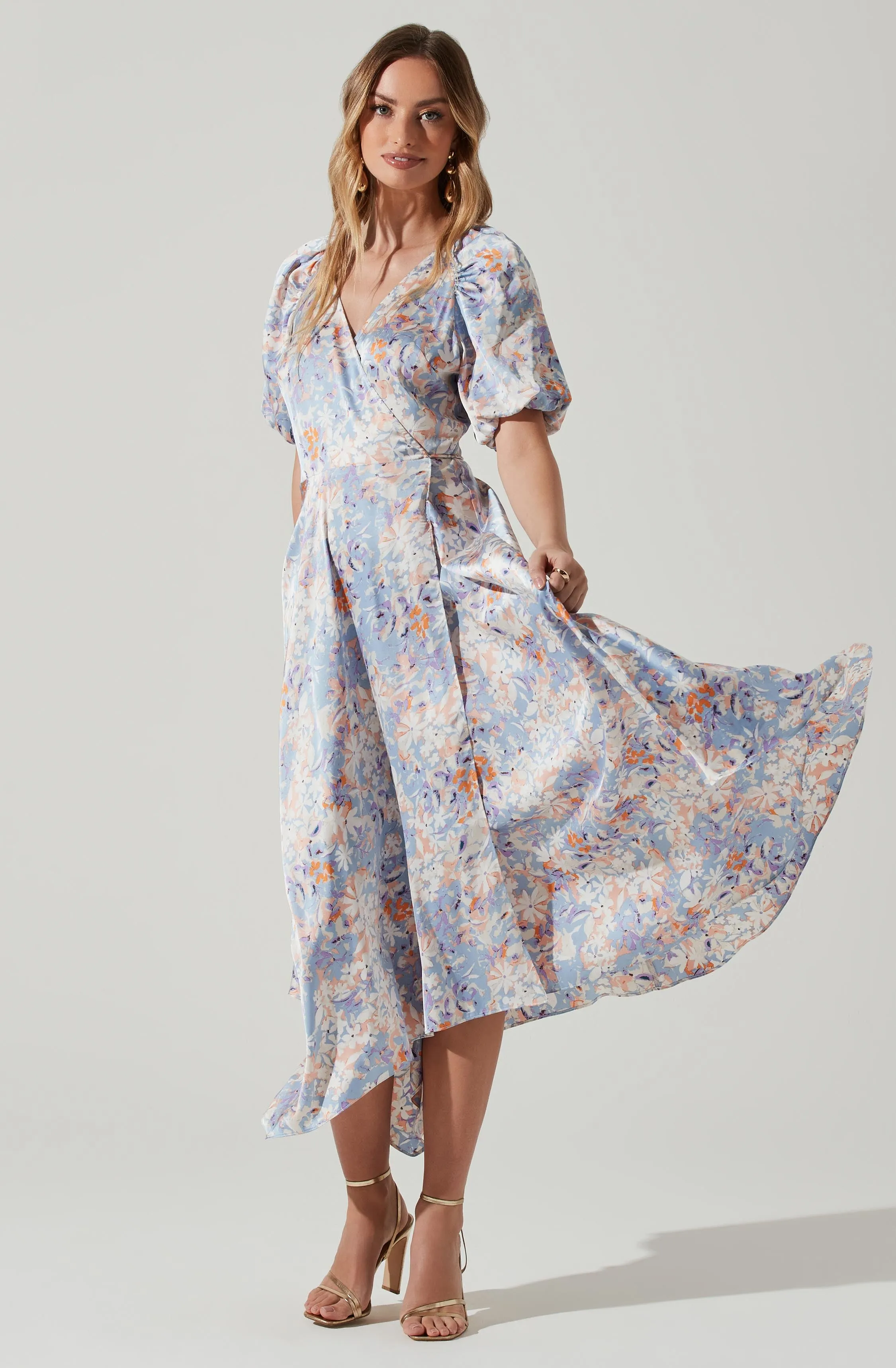 Satin Floral Bubble Sleeve Wrap Midi Dress sold by Astr