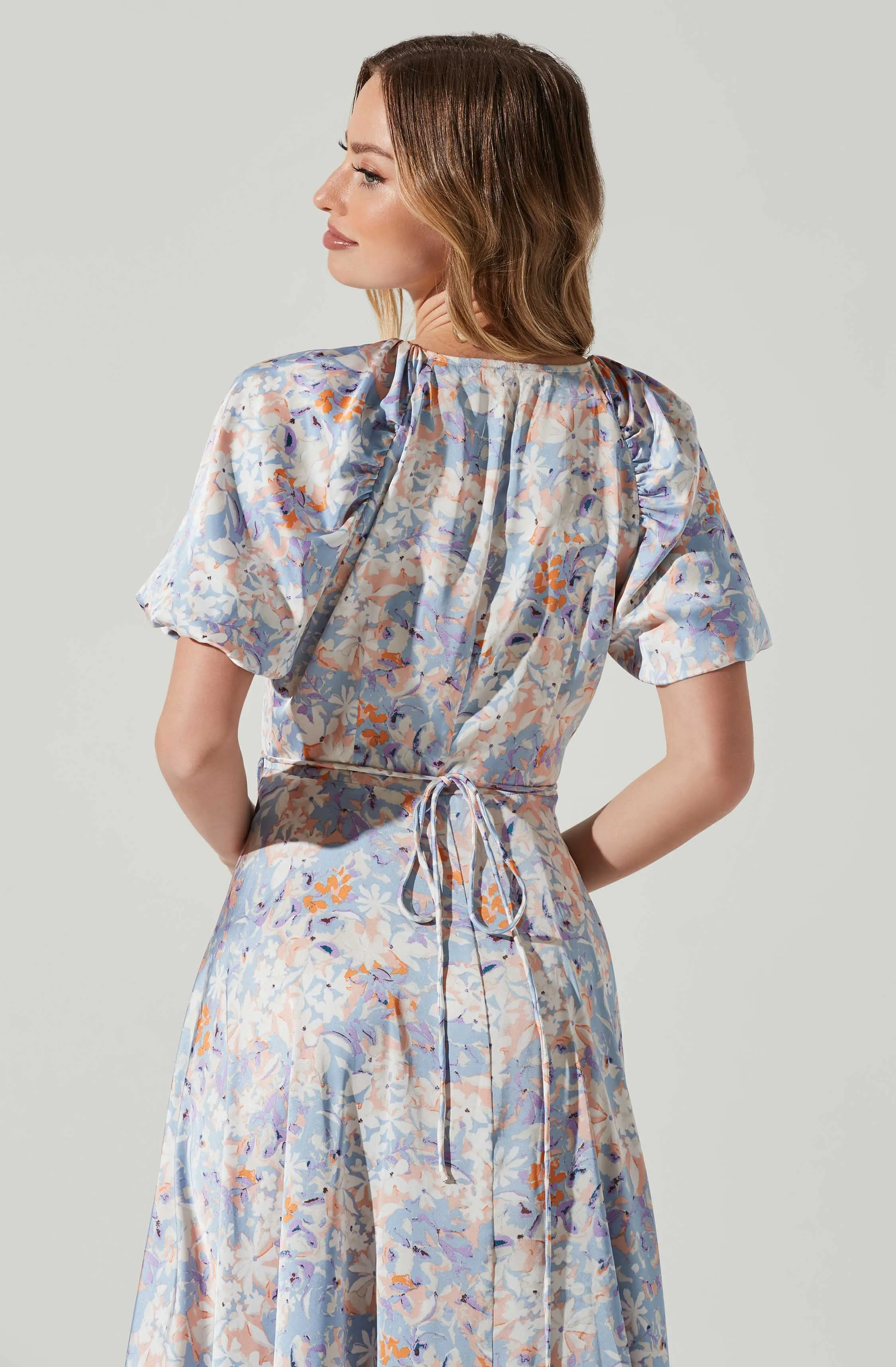 Satin Floral Bubble Sleeve Wrap Midi Dress sold by Astr product image thumbnail 5