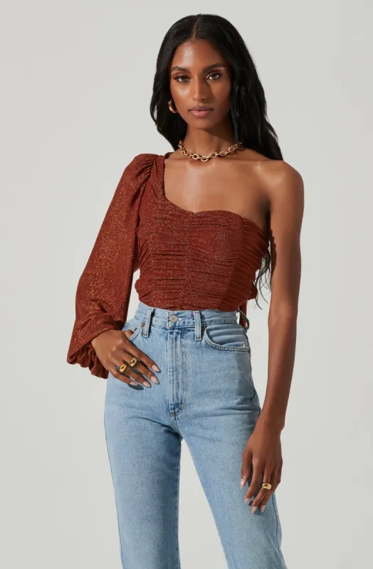 Marta Metallic Ruched One Sleeve Top sold by Astr