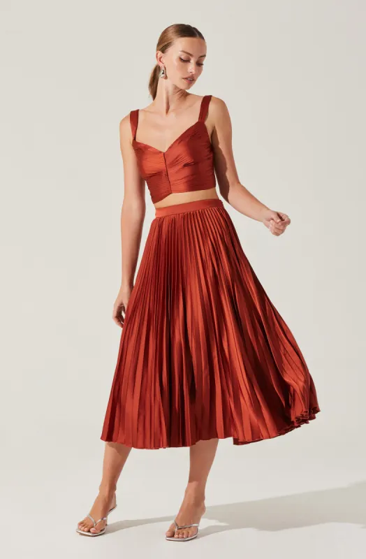 Pleated Satin Midi Skirt sold by Astr