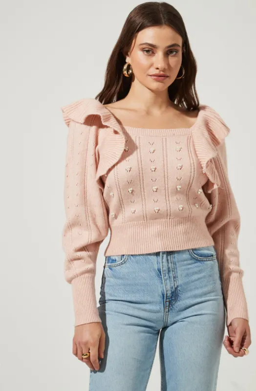 Cabot Ruffle Faux Pearl Embellished Sweater sold by Astr