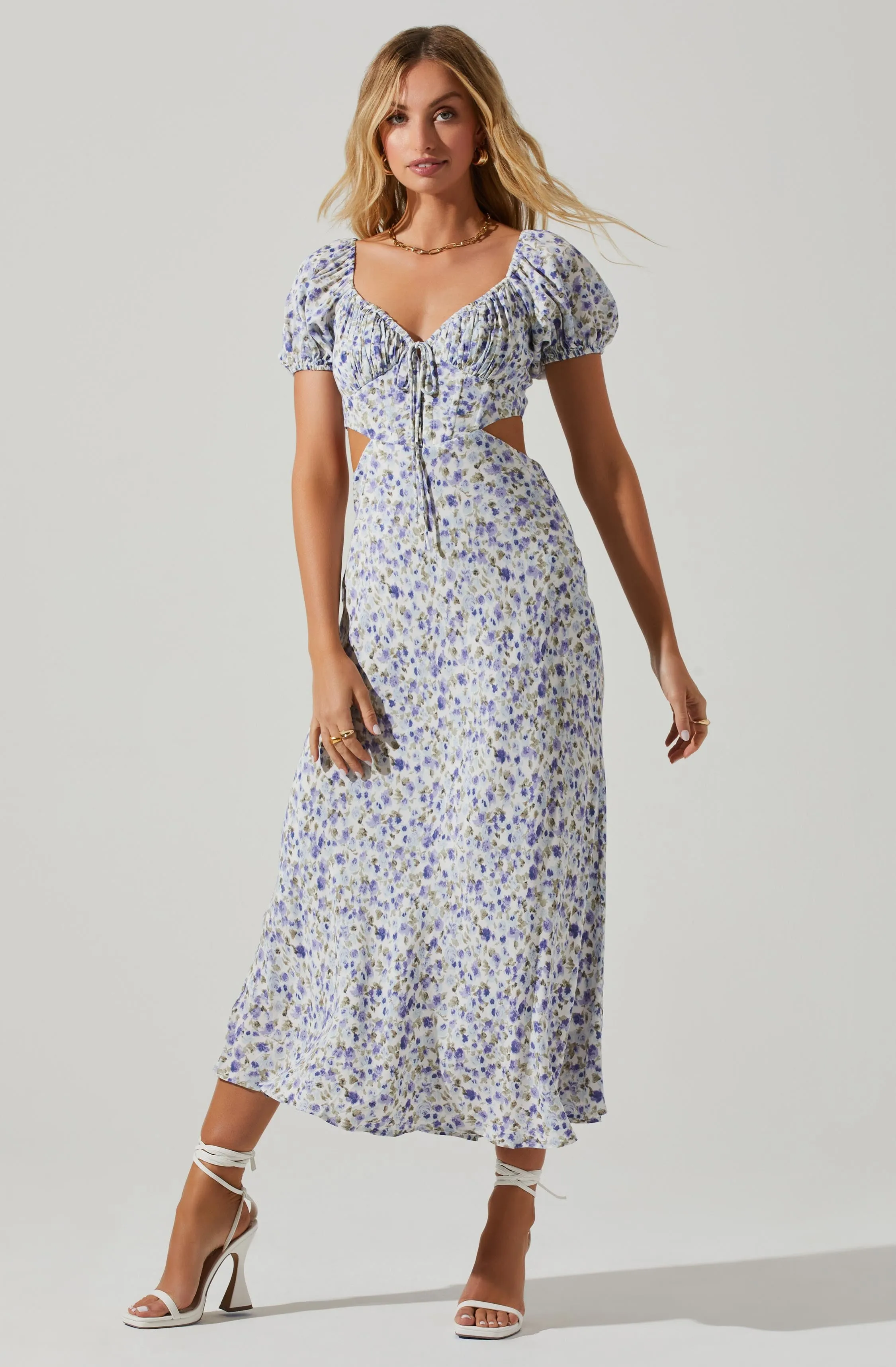 Posie Floral Cutout Puff Sleeve Midi Dress sold by Astr
