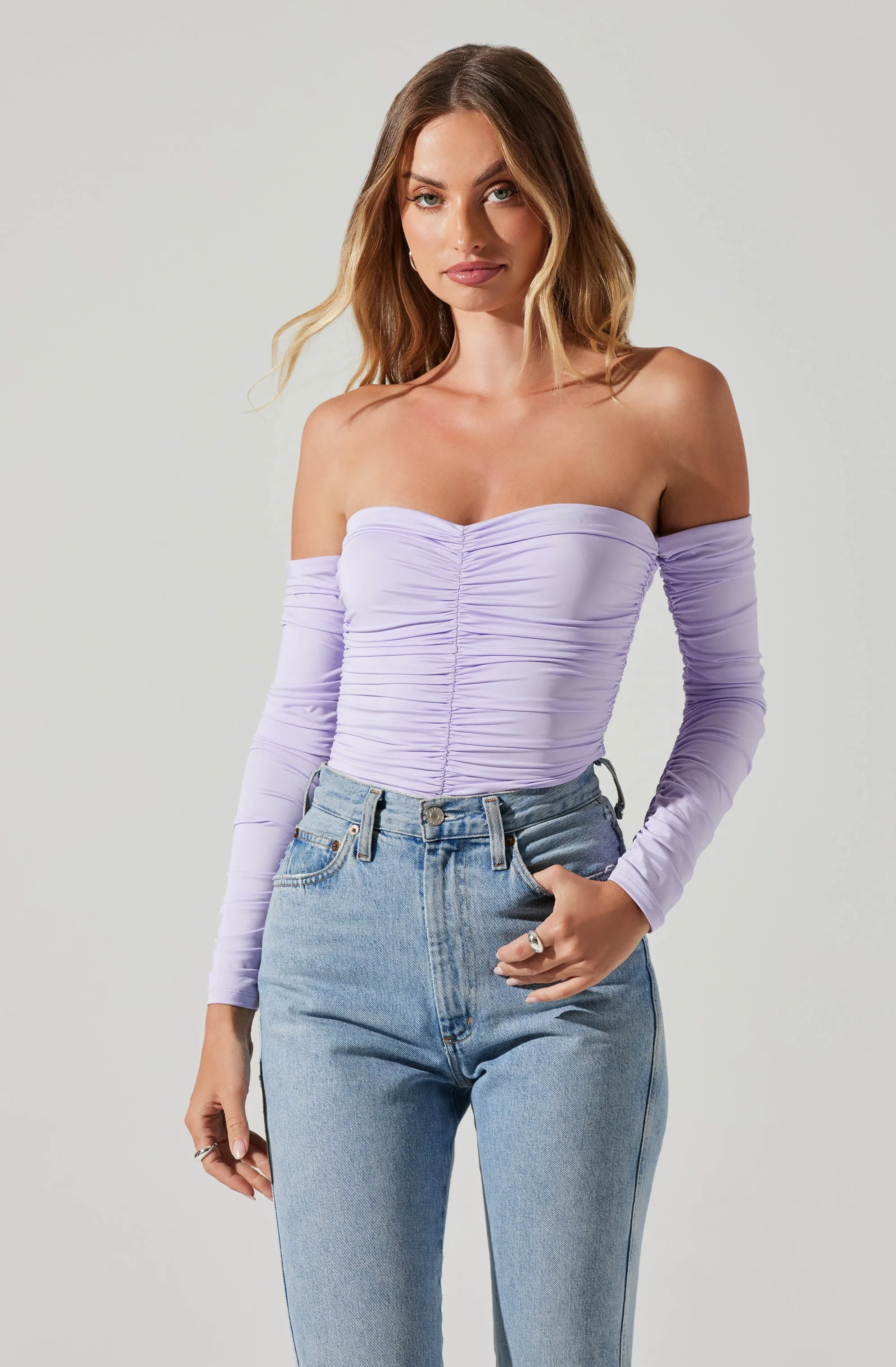 Evianna Off Shoulder Ruched Bodysuit sold by Astr