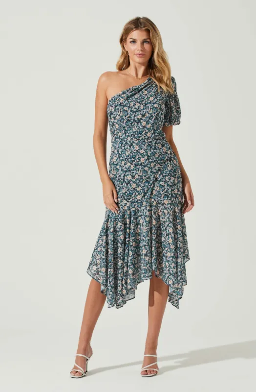 Santorini Floral One Shoulder Midi Dress sold by Astr