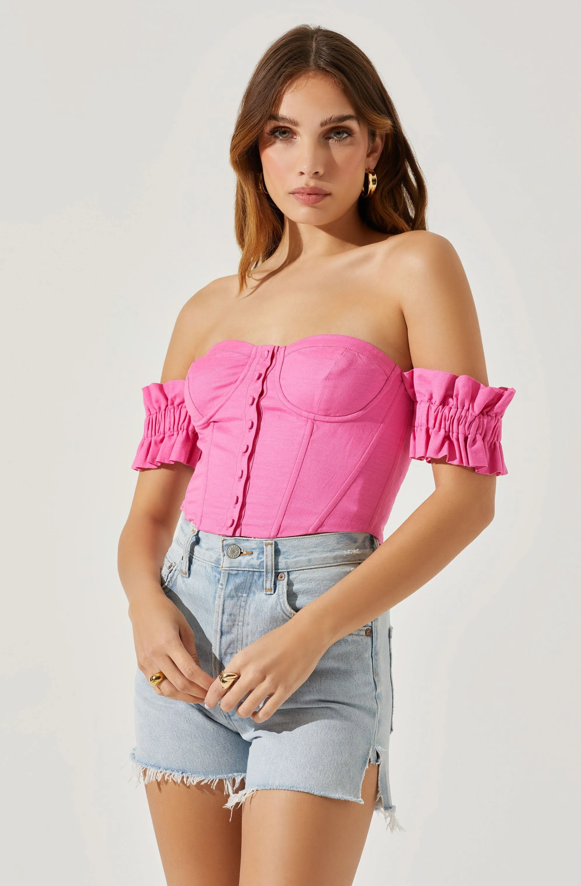 Off Shoulder Ruffle Corset Top sold by Astr