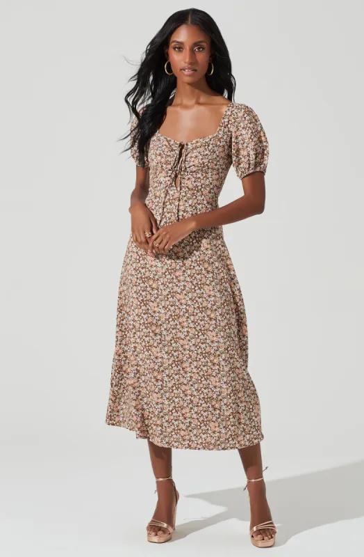 Lace Up Puff Sleeve Floral Midi Dress sold by Astr