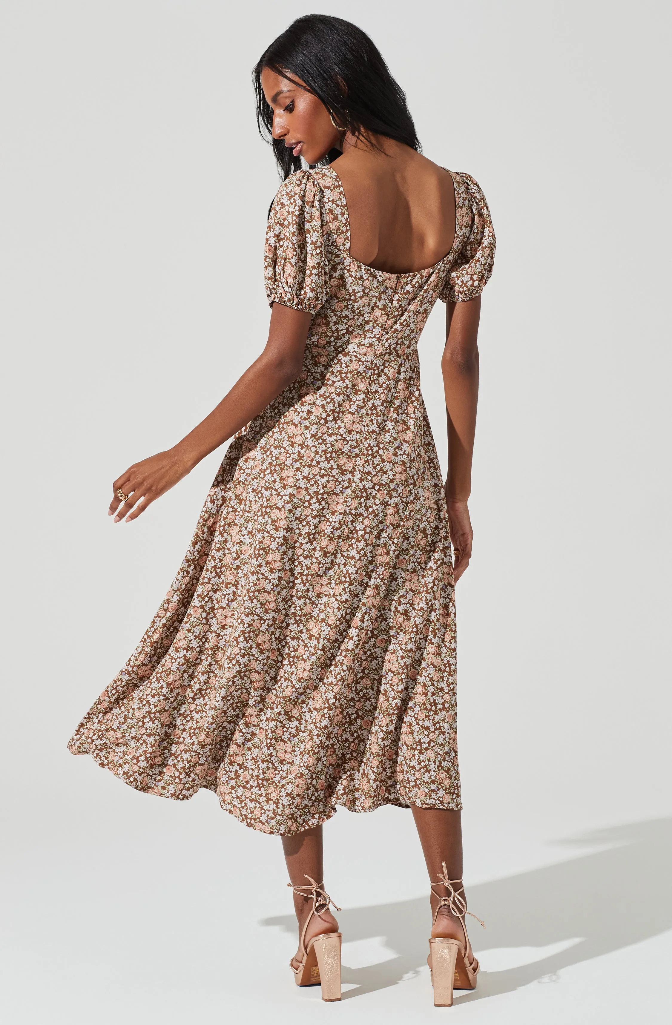 Lace Up Puff Sleeve Floral Midi Dress sold by Astr product image thumbnail 5