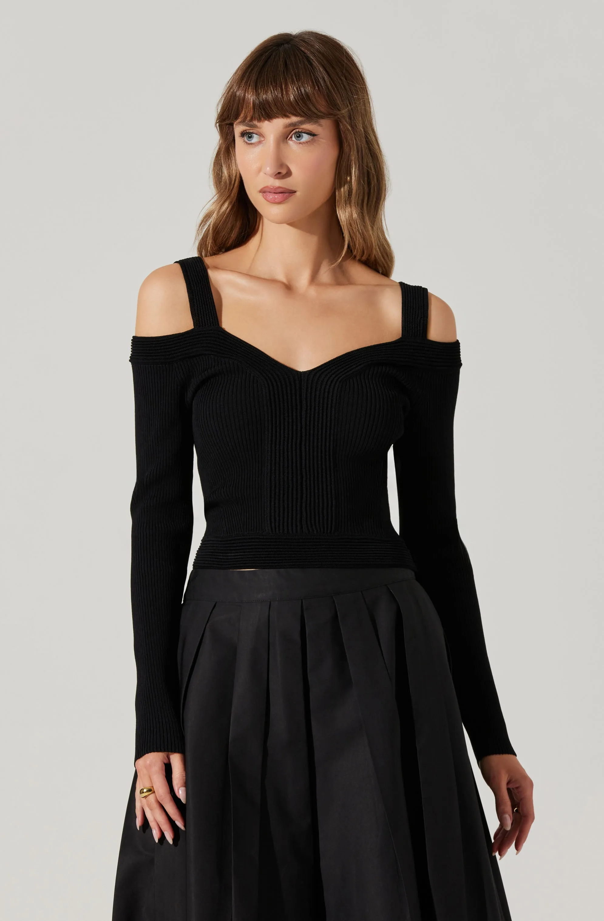 Pacey Ribbed Cold Shoulder Sweater sold by Astr