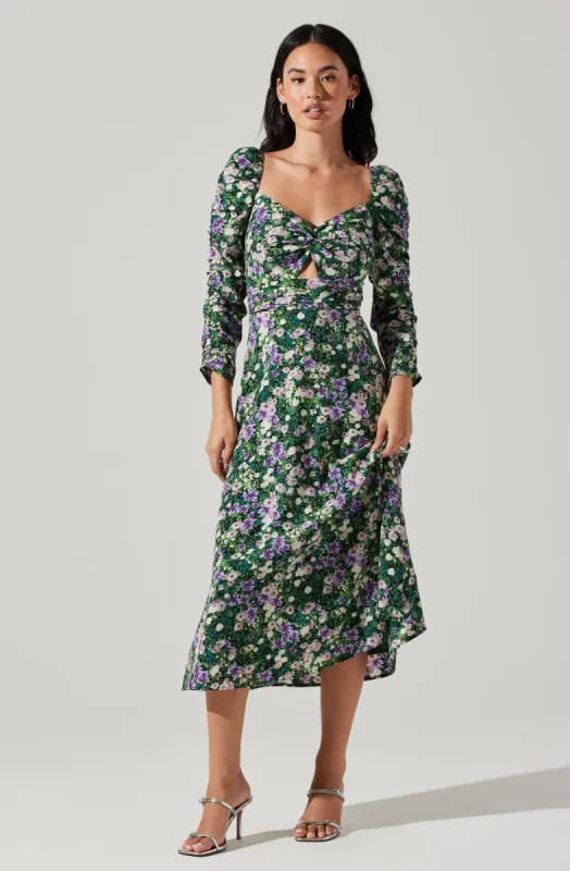 Floral Long Sleeve Twist Keyhole Front Midi Dress sold by Astr