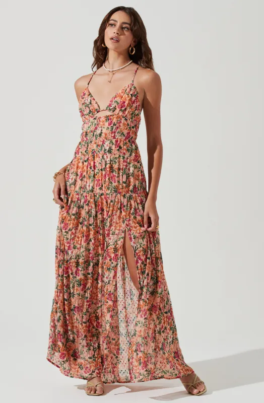 Tropics Plunge Neck Pleated Open Back Maxi Dress sold by Astr