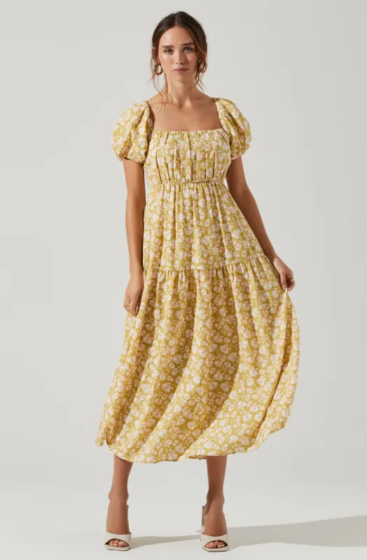 Bubble Sleeve Floral Tiered Midi Dress sold by Astr
