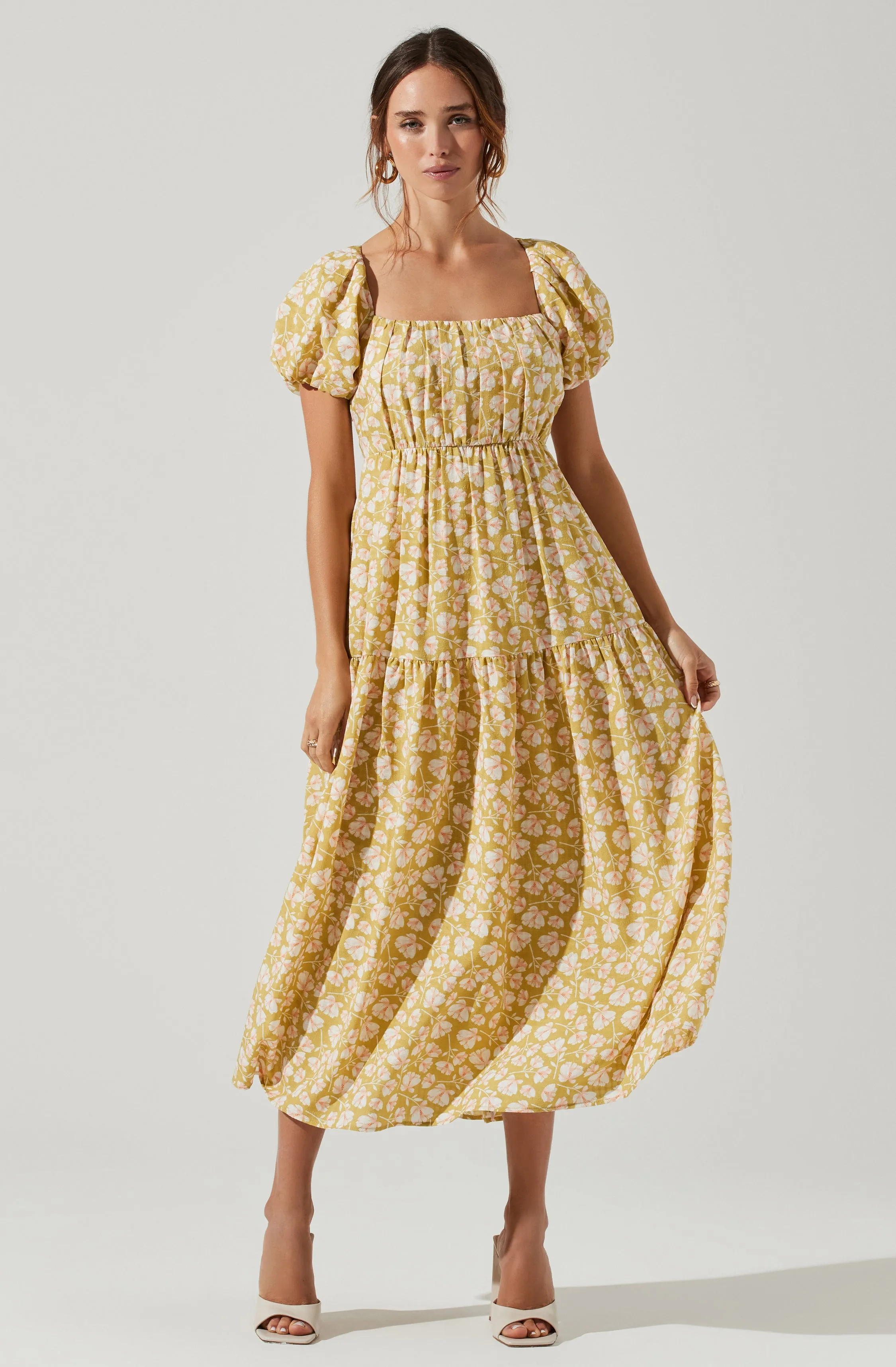 Bubble Sleeve Floral Tiered Midi Dress sold by Astr