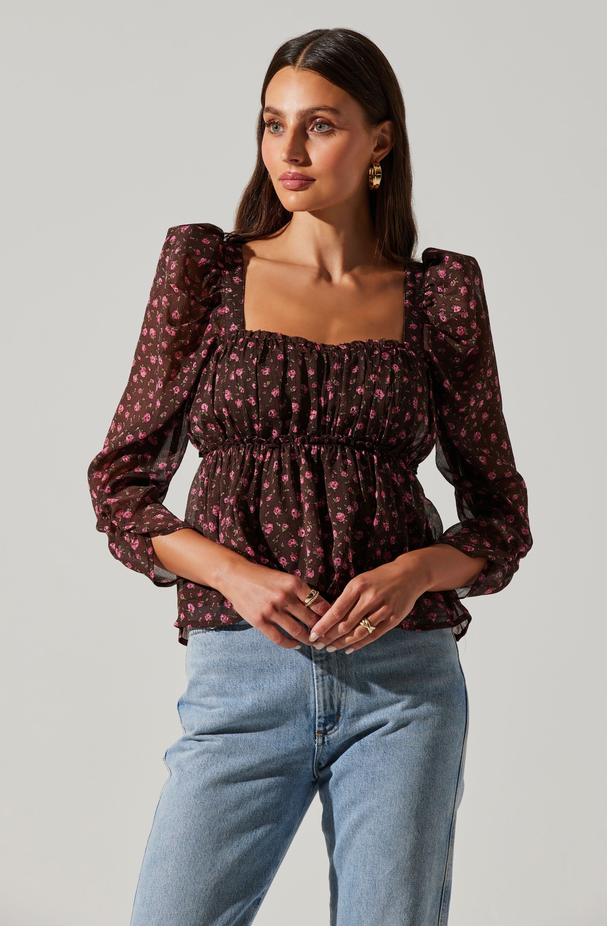 Floral Long Sleeve Ruched Babydoll Top sold by Astr