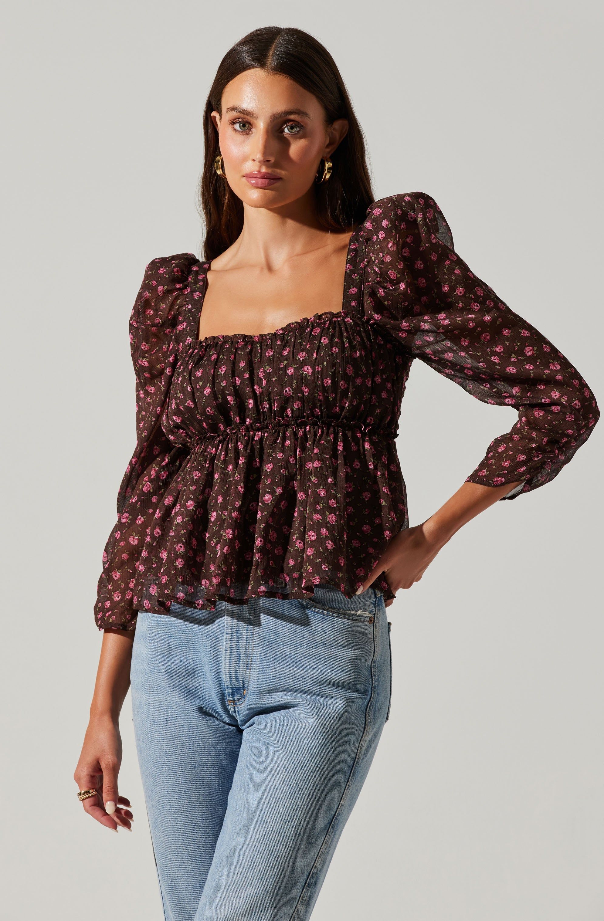 Floral Long Sleeve Ruched Babydoll Top sold by Astr product image thumbnail 3