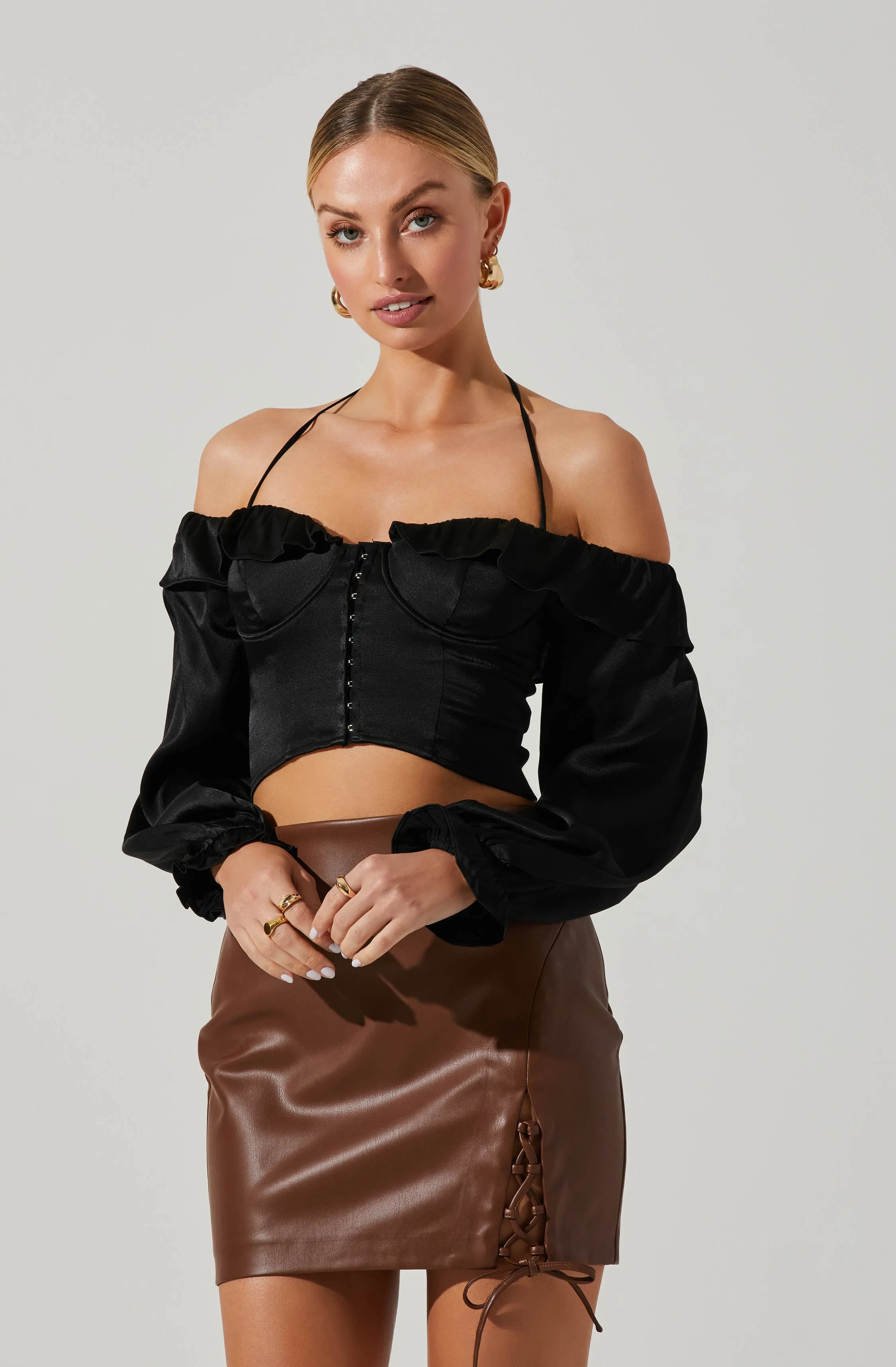 Allison Off Shoulder Halter Long Sleeve Top sold by Astr