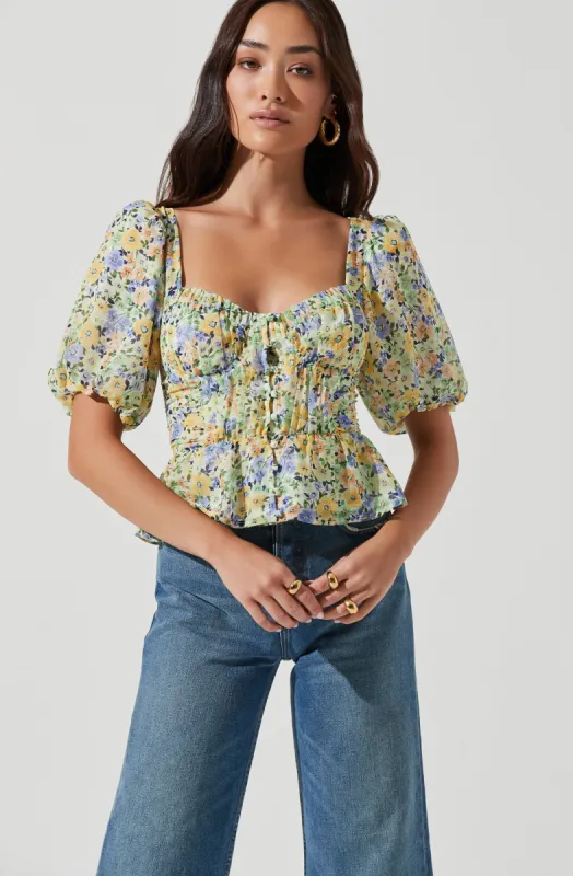 Clairemont Floral Puff Sleeve Peplum Top made by Astr