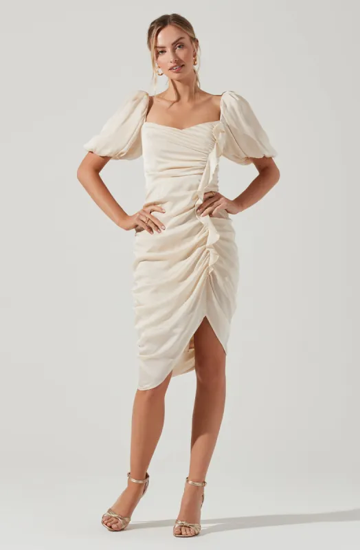 Emma Ruched Bubble Sleeve Midi Dress sold by Astr