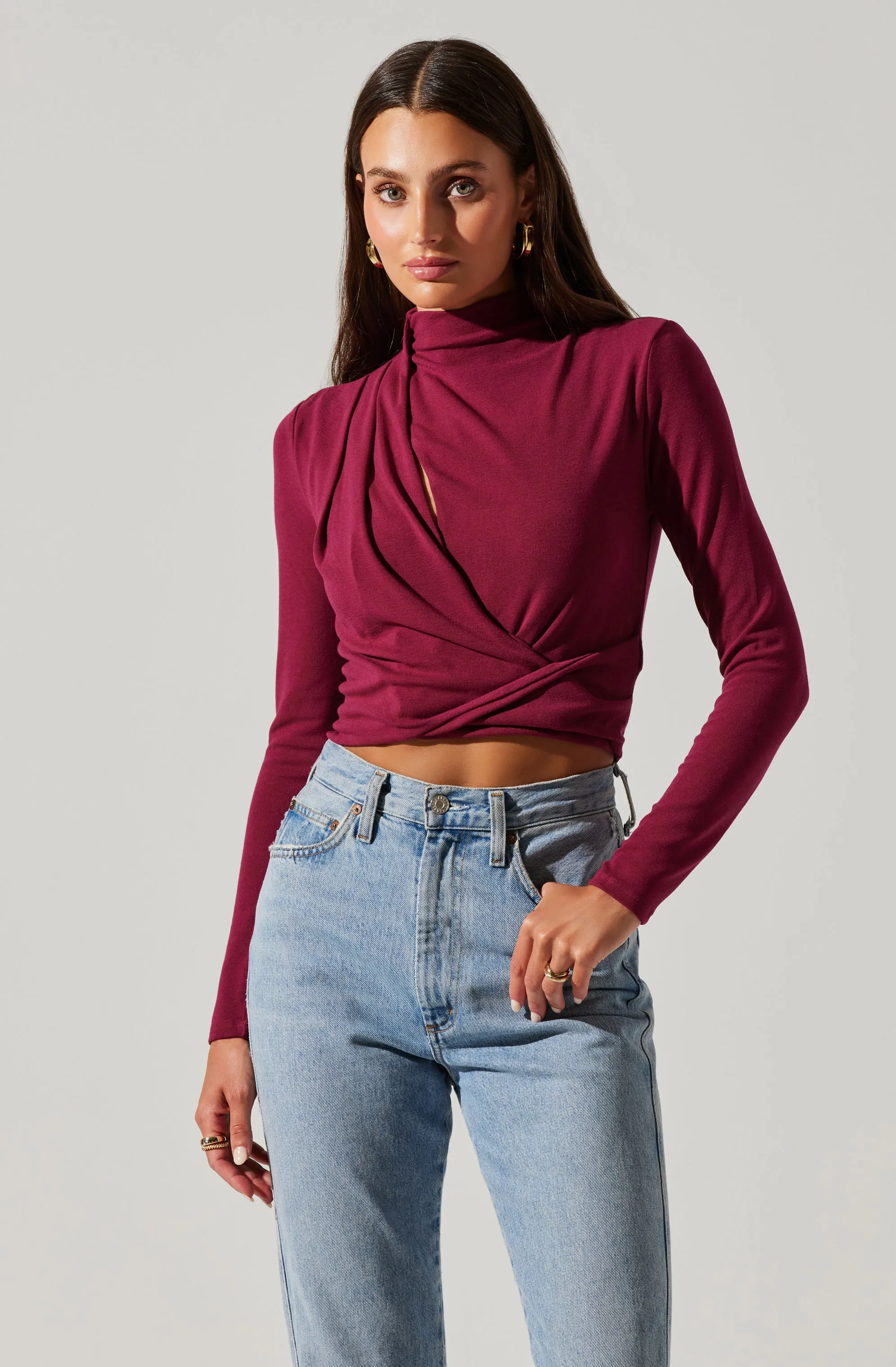 Asymmetrical Pleated Cutout Mock Neck Top sold by Astr product image thumbnail 4