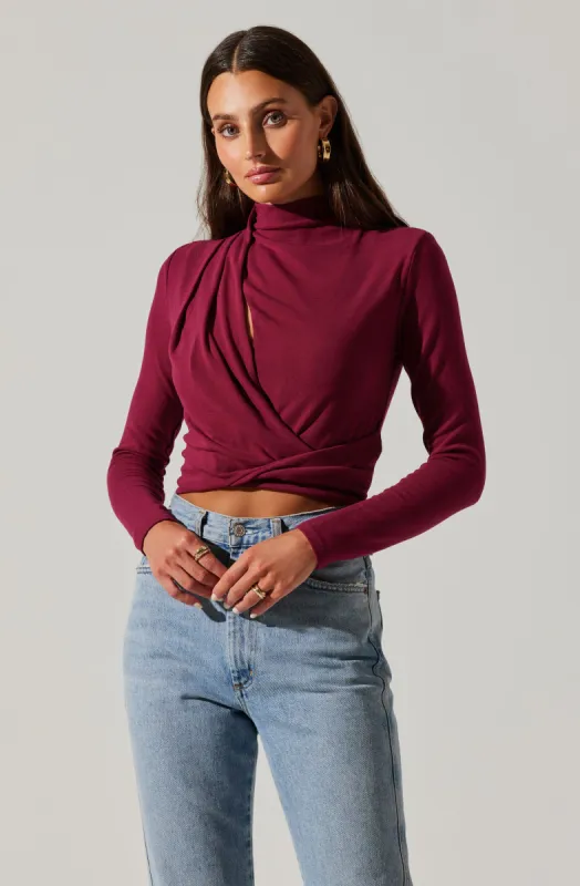 Asymmetrical Pleated Cutout Mock Neck Top sold by Astr
