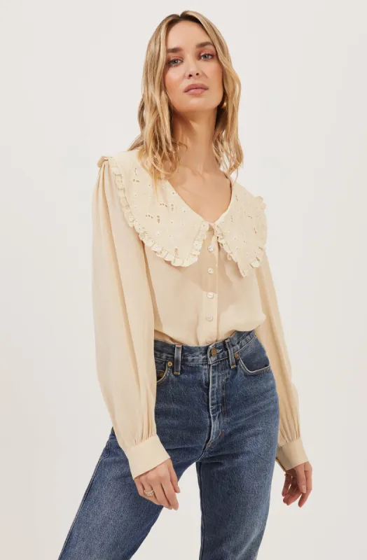Evelyn Oversized Frilly Collar Button Down Top sold by Astr