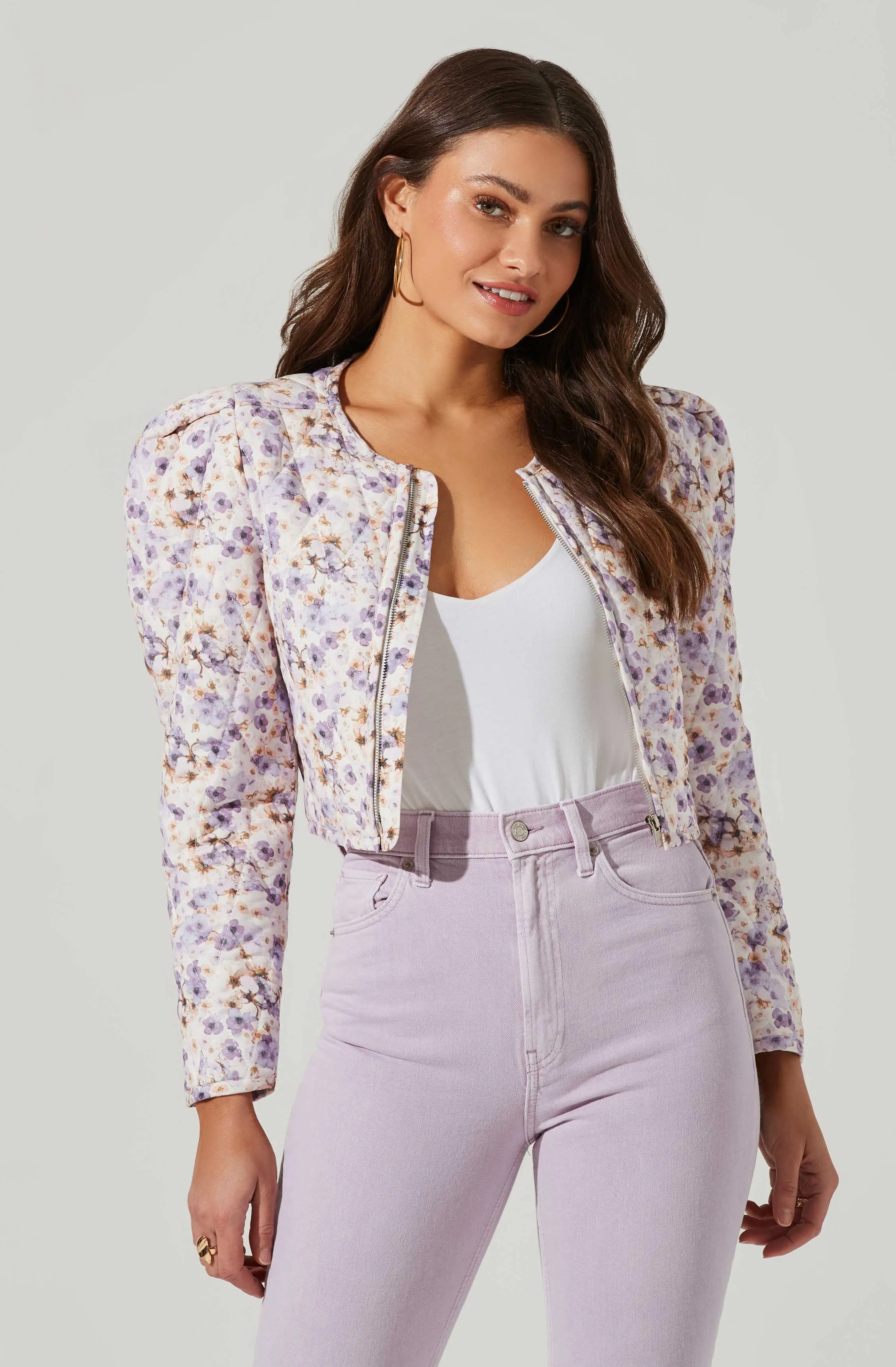 Brea Floral Quilted Cropped Puff Sleeve Jacket sold by Astr