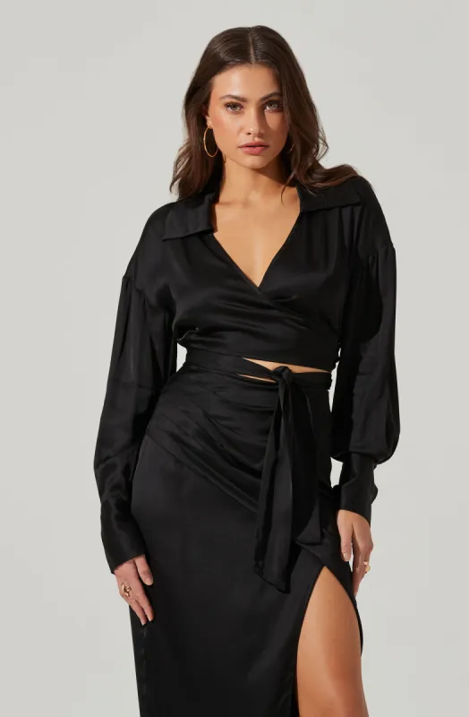 Loretta Satin Cropped Tie Waist Top sold by Astr