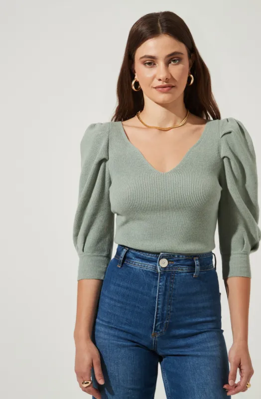 Puff Sleeve V-Neck Sweater sold by Astr