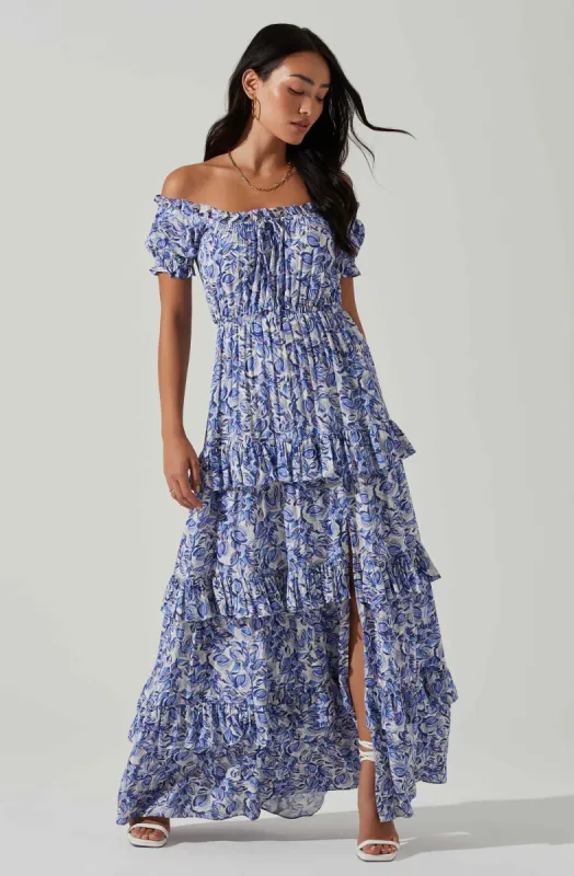 Viona Floral Off Shoulder Tiered Maxi Dress sold by Astr