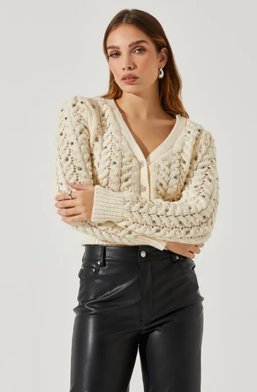 Mien Embellished Cable Knit Cardigan Sweater sold by Astr