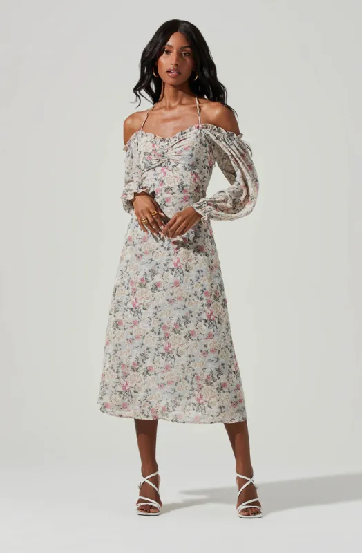 Off Shoulder Long Sleeve Cinched Bust Midi Dress sold by Astr
