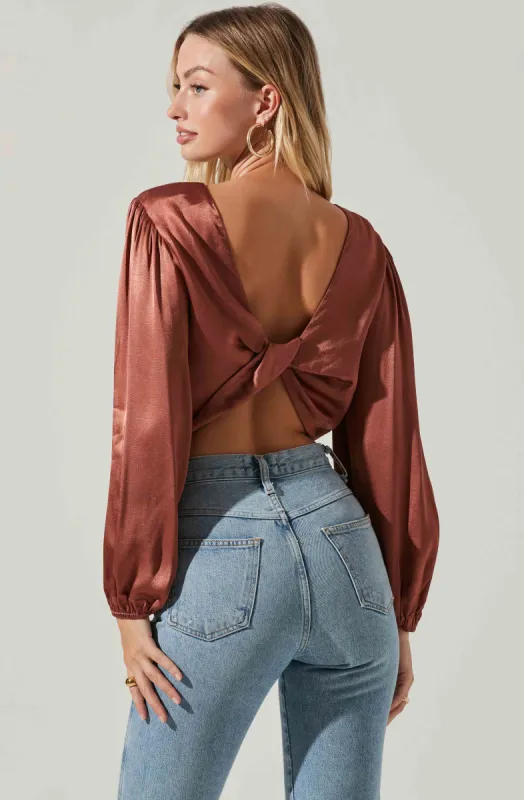 Deja Satin Open Back Long Sleeve Crop Top made by Astr
