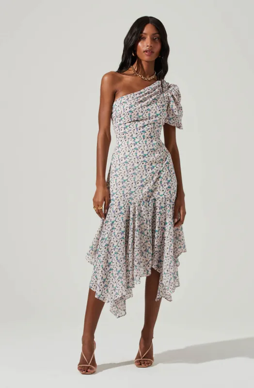 Santorini Floral One Shoulder Midi Dress sold by Astr