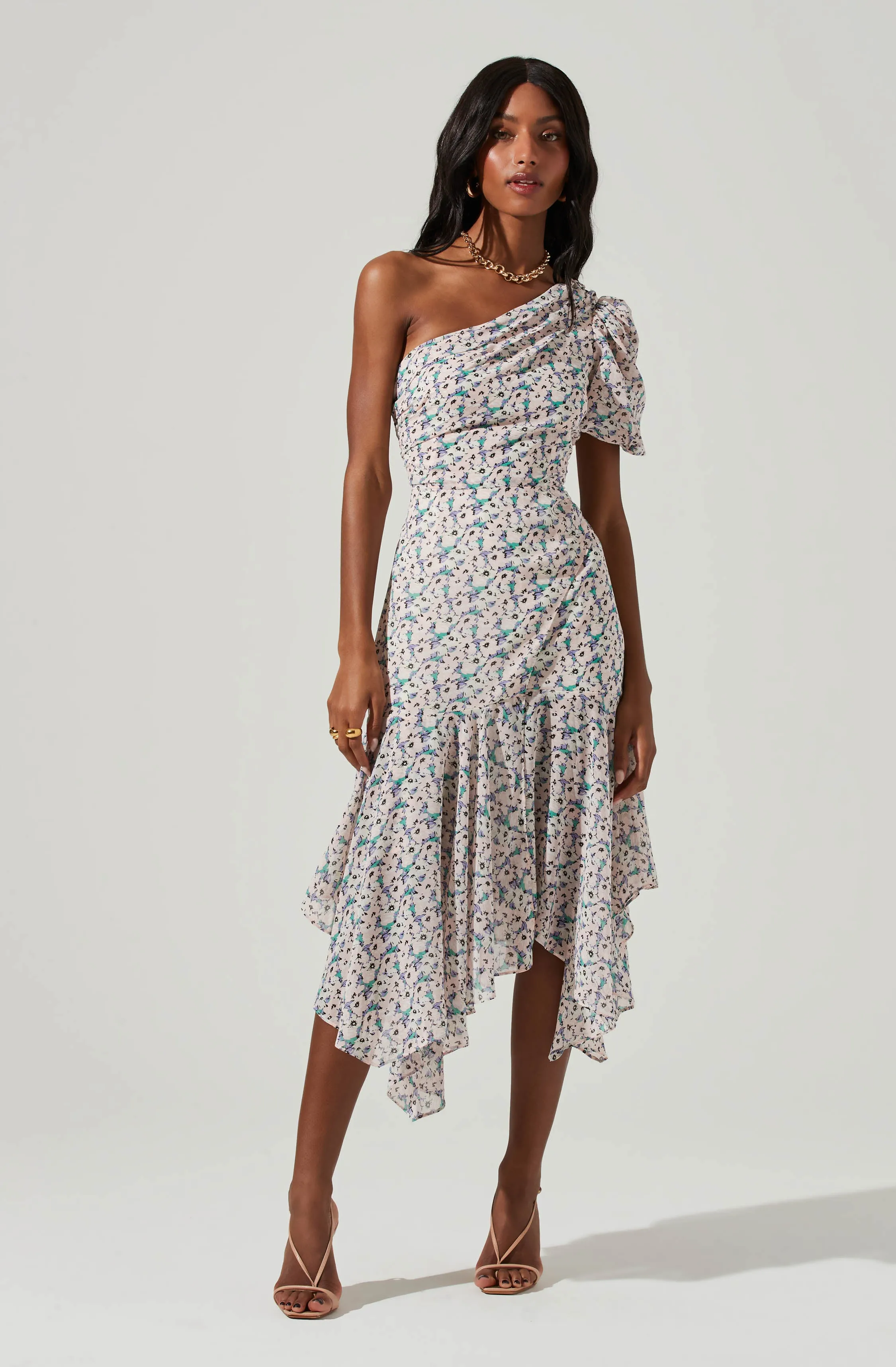 Santorini Floral One Shoulder Midi Dress sold by Astr