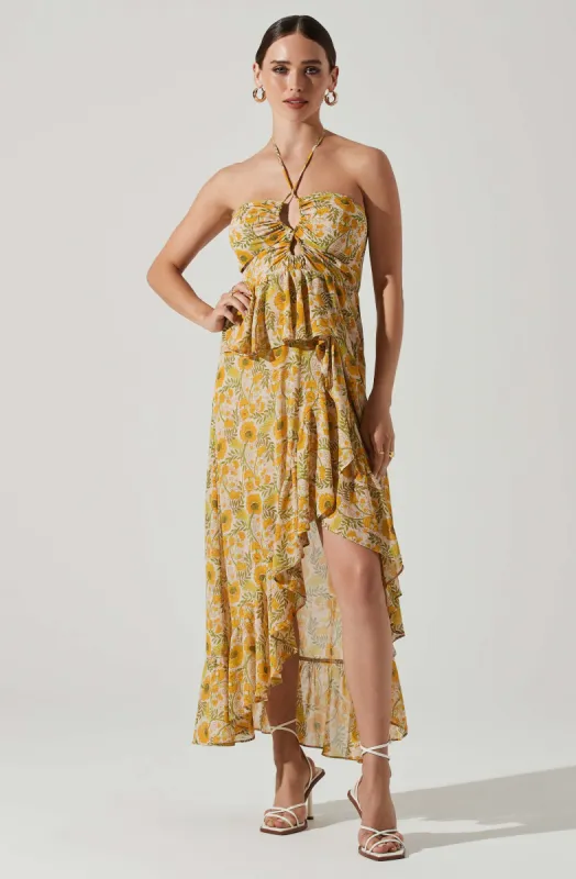 Vivee Floral Asymmetrical Halter Maxi Dress made by Astr