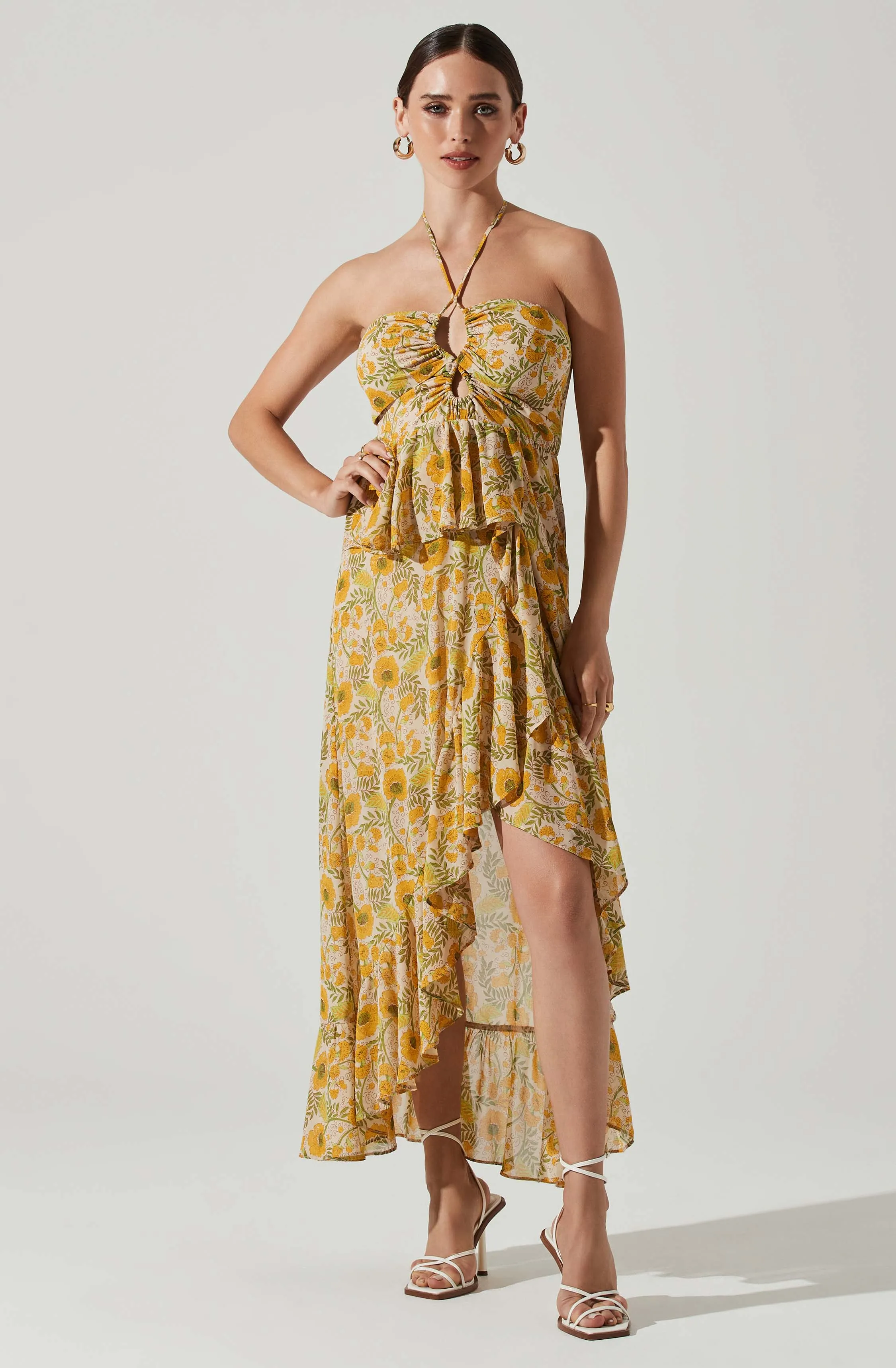 Vivee Floral Asymmetrical Halter Maxi Dress sold by Astr
