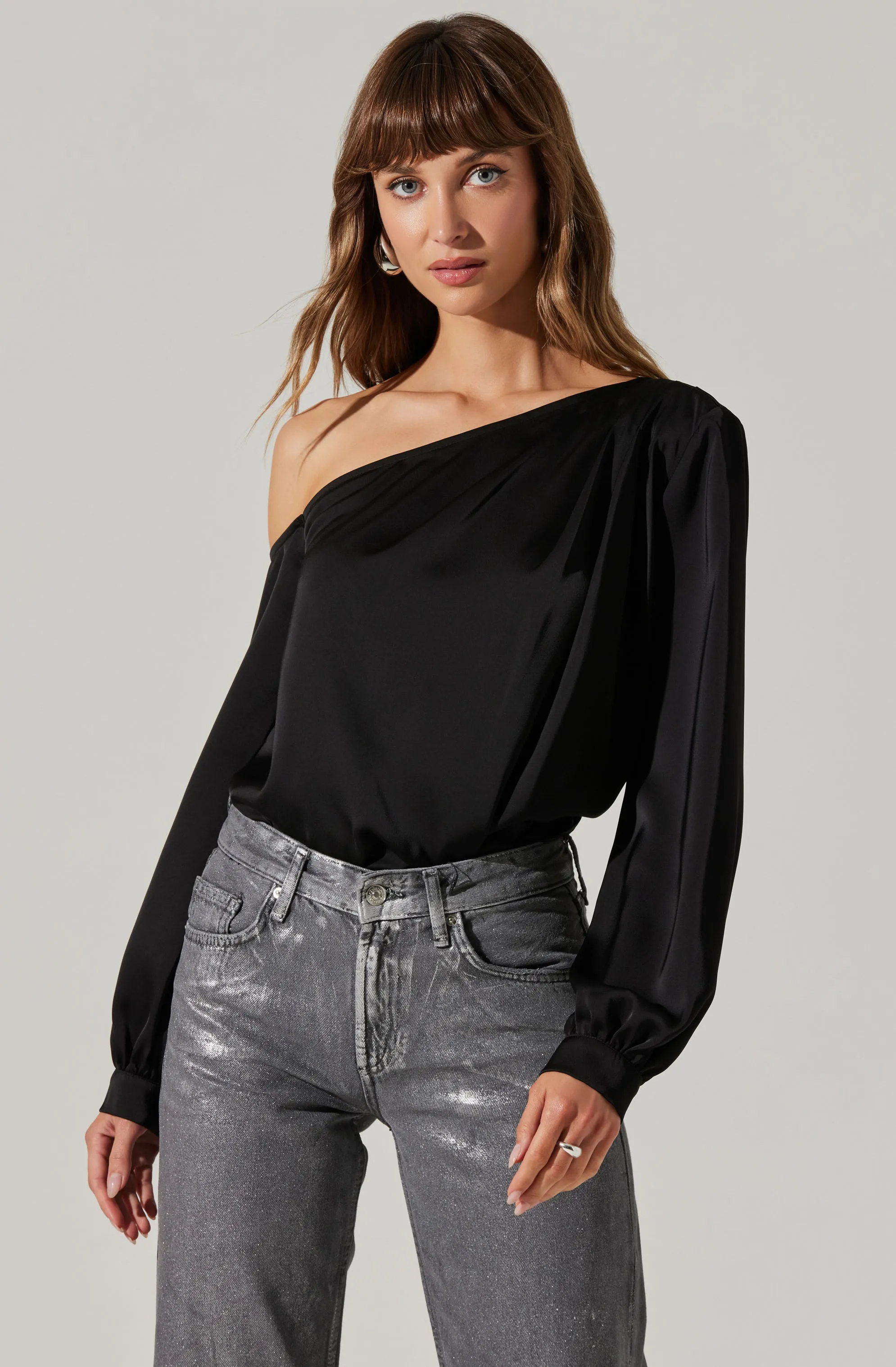 Nieves Satin One Shoulder Top sold by Astr